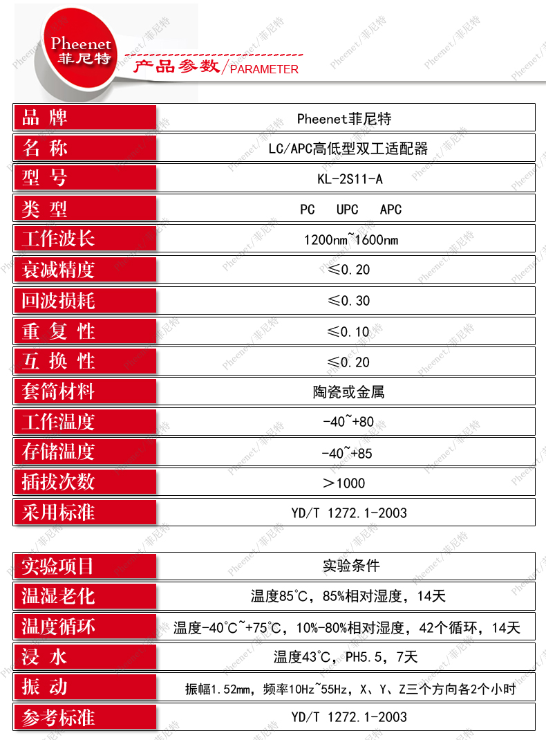 菲尼特LC/APC广电专用双工光纤法兰盘参数