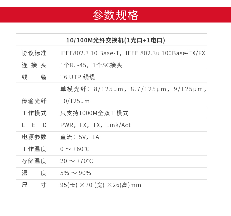 千兆单模单纤光纤收发器产品参数