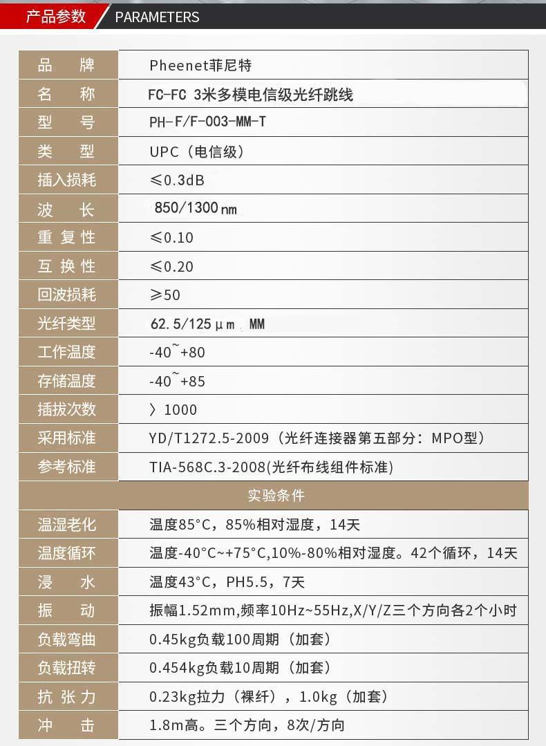 FC-FC多模千兆光纤跳线参数