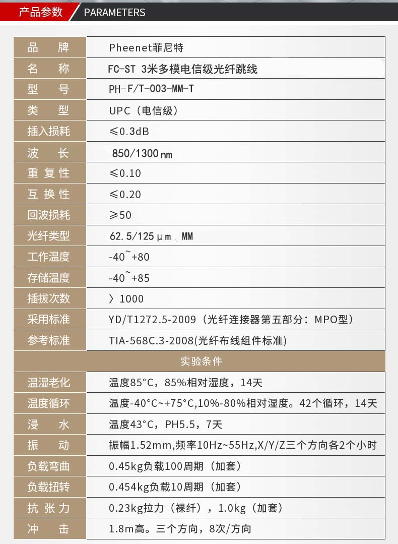 FC-ST多模千兆光纤跳线参数